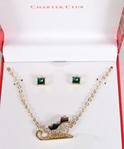 Photo 1 of CHARTER CLUB Gold-Tone Multicolor Crystal Sleigh Pendant Necklace & Stud Earring / GIFT BOX