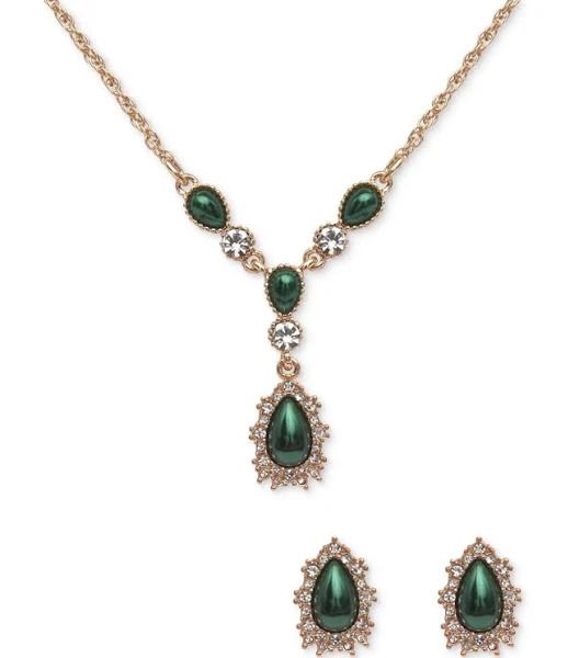 Photo 1 of Gold-Tone Crystal & Colored Pear-Shape Imitation Pearl Lariat Necklace & Drop Earrings Set / GIFT BOX