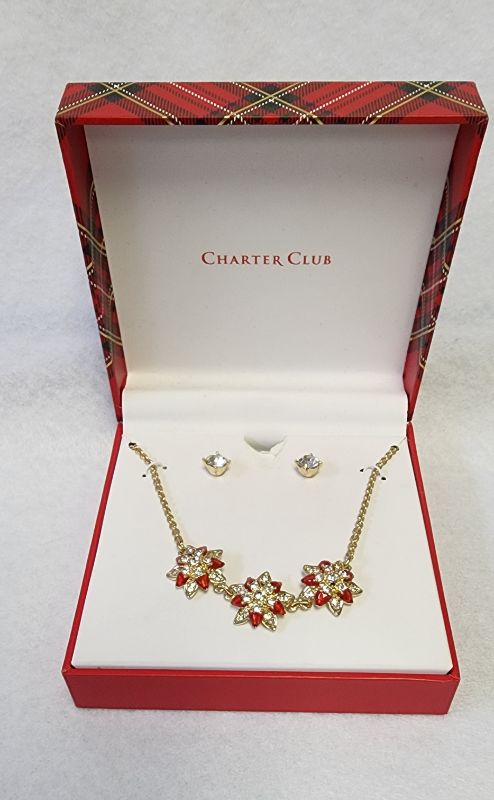 Photo 1 of CHARTER CLUB
Gold-Tone Crystal Poinsettia Statement Necklace & Stud Earrings Set / GIFT BOX