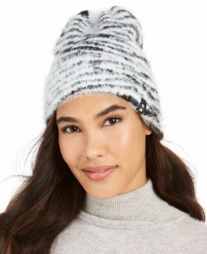 Photo 1 of DKNY Women's One Size Fuzzy Animal Print Knit Beanie Hat Black and White Zebra