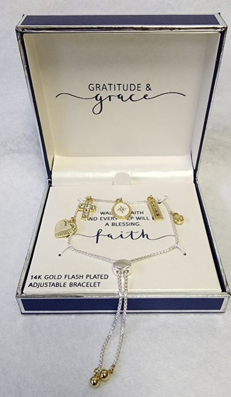 Photo 1 of GRATITUDE & GRACE 14K GOLD PLATED ADJUSTABLE BRACELET "WALK BY FAITH AND EVERY STEP WILL BE A BLESSING"