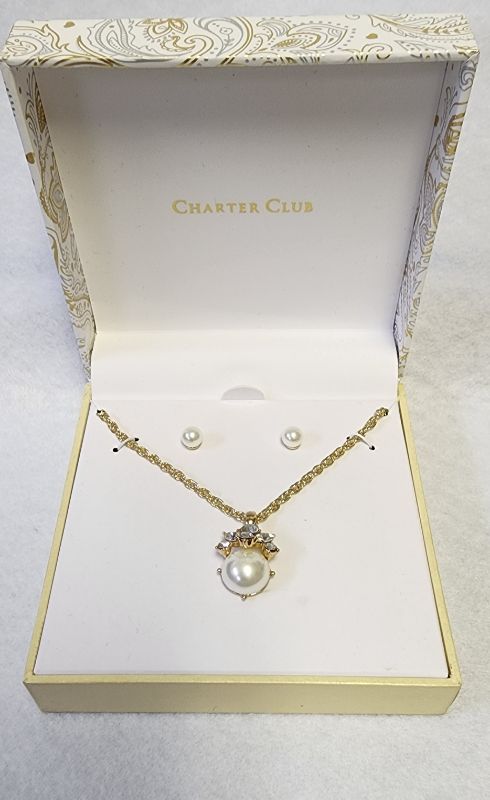 Photo 1 of Charter Club Gold Tone Clear Crystal White Bead Earrings & Necklace Set