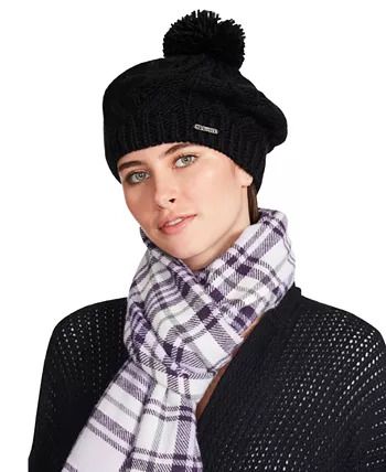 Photo 1 of STEVE MADDEN Women's Classic Cable-Knit Beret with Pom Pom BLACK