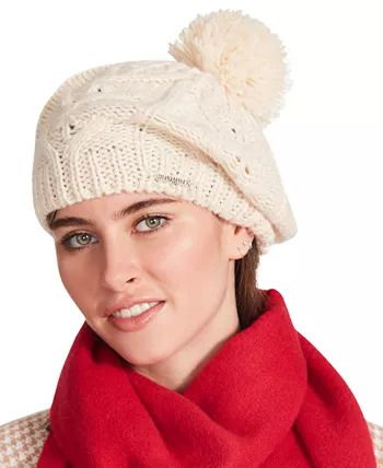 Photo 1 of STEVE MADDEN Women's Classic Cable-Knit Beret with Pom Pom OFF-WHITE