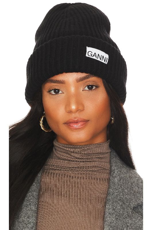 Photo 1 of GANNI WOMEN'S SOLID BLACK RECYCLED WOOL RIBBED KNIT BEANIE HAT
100% Wool
Front Logo
Very Warm
One Size fits all