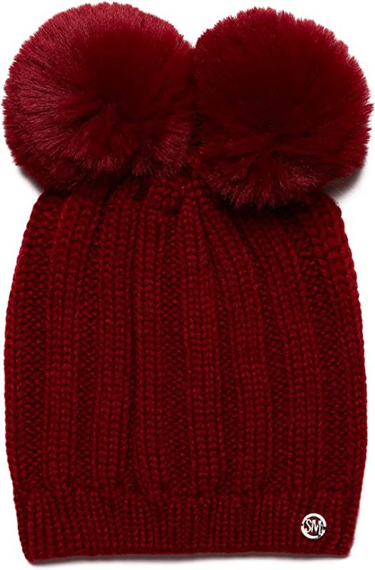 Photo 1 of Steve Madden Women's Double Pom Chunky Ribbed Knit Beanie Dark Red