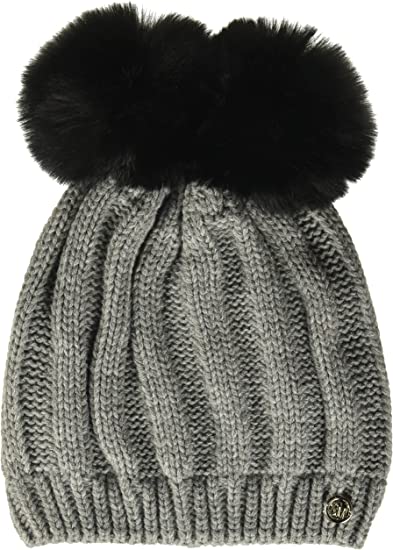 Photo 1 of Steve Madden Women's Double Pom Chunky Ribbed Knit Beanie Grey