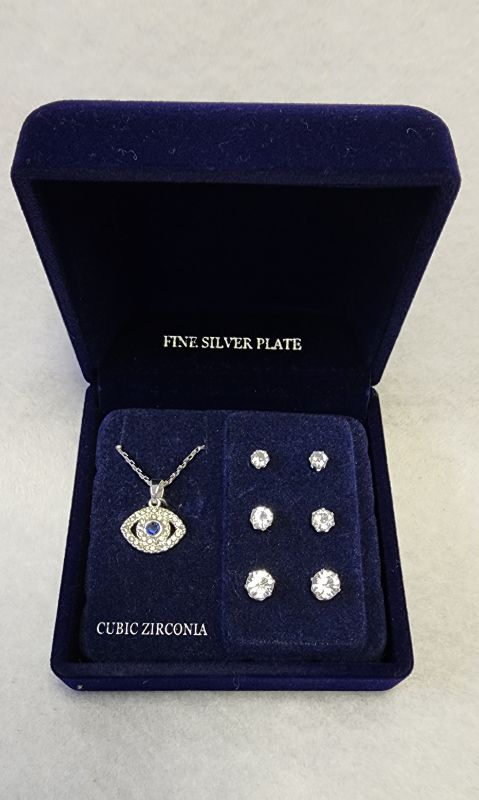 Photo 1 of FINE SILVER PLATE 4 PIECE SET EVIL EYE NECKLACE AND EARRINGS/CUBIC ZIRCONIA