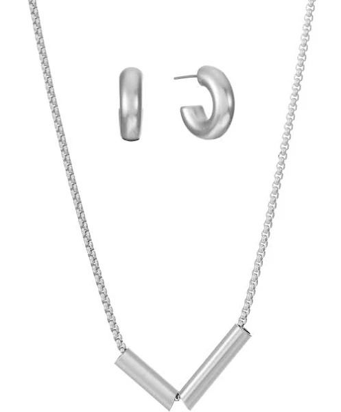 Photo 1 of Alfani  Women's Silver Tone Tubular Bead Collar Necklace & Huggie Hoop Earrings Set / Gift Box