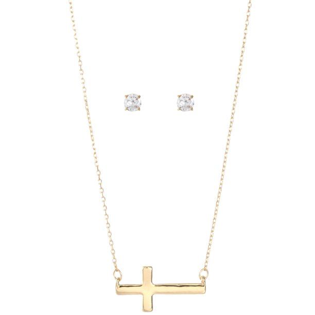 Photo 1 of Alfani Gold-Tone Cross Pendant Necklace and Cubic Zirconia Stud Earrings Set