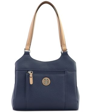 Photo 1 of Giani Bernini Pebbled 4-Poster Navy Tote, Created for Macy's
Small sized bag; 11-1/2"W x 10"H x 3-1/2"D
10"L handles
Zip closure
Silver-tone exterior hardware, 1 front zip pocket & 1 back zip pocket
1 interior center zip compartment & 2 snap pockets with 