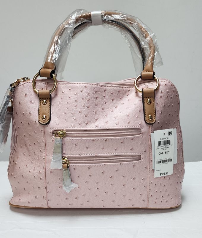 Photo 2 of GIANI BERNINI Ostrich-Embossed Dome Blush Satchel, Created for Macy's
Medium sized bag; 13"W x 9-1/2"H x 5"D 
7"L double handles; 22-1/2"L removable, adjustable strap
Zip-around closure
Gold-tone exterior hardware, 1 front zip pocket with logo zipper pull