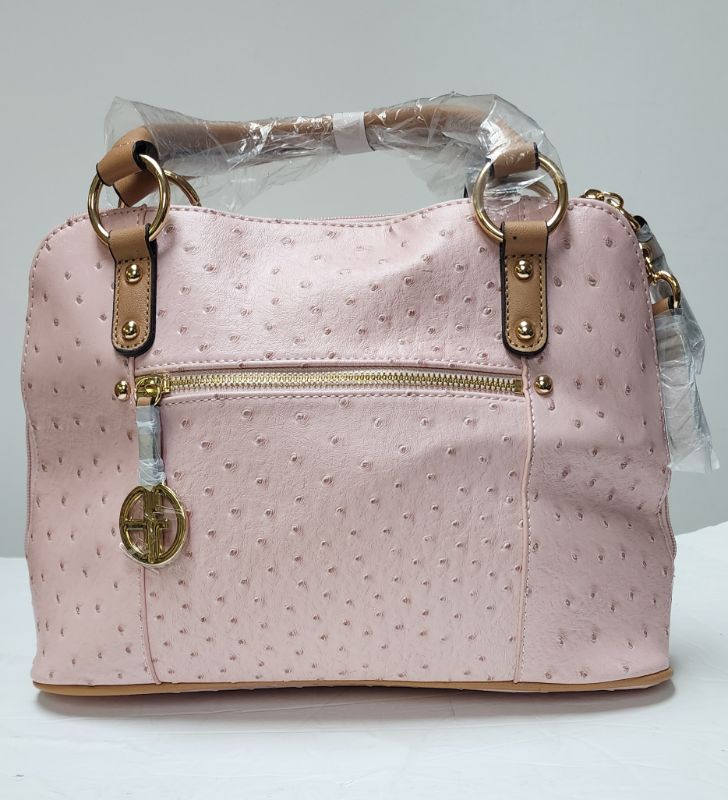 Photo 1 of GIANI BERNINI Ostrich-Embossed Dome Blush Satchel, Created for Macy's
Medium sized bag; 13"W x 9-1/2"H x 5"D 
7"L double handles; 22-1/2"L removable, adjustable strap
Zip-around closure
Gold-tone exterior hardware, 1 front zip pocket with logo zipper pull