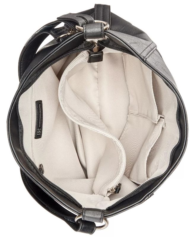Photo 3 of INC INTERNATIONAL CONCEPTS Riverton Black Hobo, Created for Macy's
Medium sized bag; 13-1/2"W x 11-1/2"H x 4"D 
11" to 21-1/2"L adjustable strap
Zip closure
Silver-tone exterior hardware, varies by color; 1 front zip pocket, 1 snap pocket
1 interior zip p