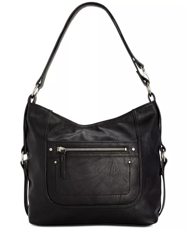 Photo 1 of INC INTERNATIONAL CONCEPTS Riverton Black Hobo, Created for Macy's
Medium sized bag; 13-1/2"W x 11-1/2"H x 4"D 
11" to 21-1/2"L adjustable strap
Zip closure
Silver-tone exterior hardware, varies by color; 1 front zip pocket, 1 snap pocket
1 interior zip p