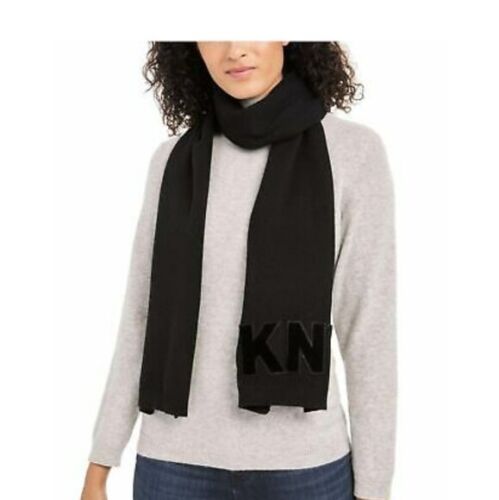 Photo 1 of DKNY Women's Black Logo Velvet Flocked Flat Knit Scarf OS