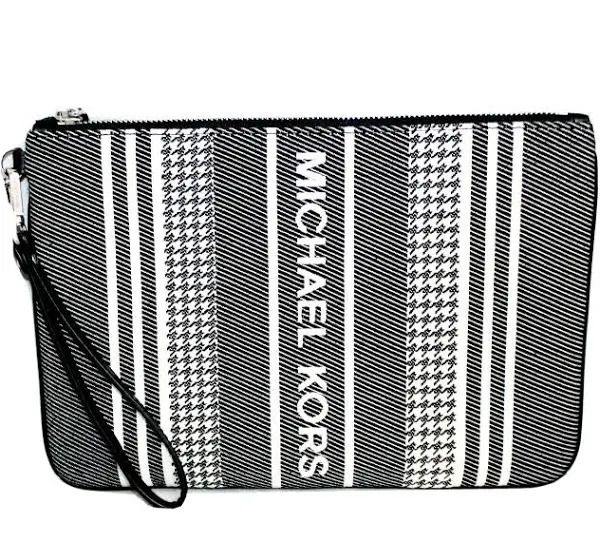 Photo 1 of  MICHAEL KORS Jet Set Large Zip Pouch Wristlet Black White Striped 