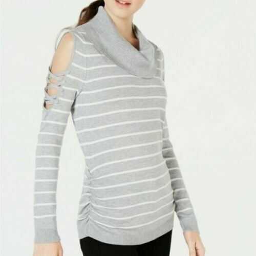 Photo 1 of SIZE L Hooked Up Juniors Striped Cowl Neck Cold Shoulder Gray Sweater