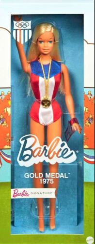 Photo 2 of Barbie 1975 Gold Medal Doll Reproduction, Wearing Olympics-Themed One-Piece and Gold Medal Accessory. with Doll Stand and Certificate of Authenticity, Gift for Collectors