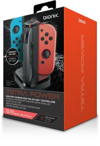 Photo 2 of Bionik Tetra Power - Nintendo Switch Joy Con Charging Dock with Built-In Cable Adjustment System and LED Charge Status Indicators. Unique cross formation charger that allows up to 4 Joy-Con controllers to charge simultaneously. Designed specifically to ma