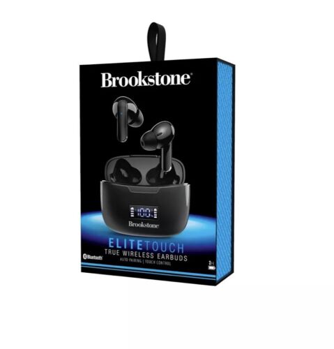 Photo 1 of Brookstone Elite Touch True Wireless Earbuds Black. Bluetooth® technology lets you play crystal-clear, rich audio wirelessly from any smart device while powerful bass and dynamic sound immerse you in every beat. Includes a charging case that helps keep yo