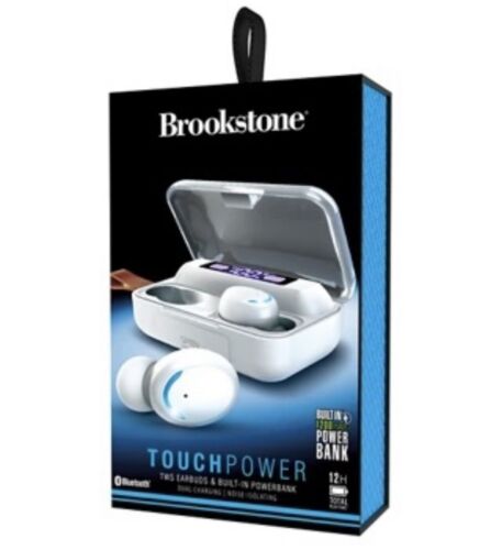 Photo 1 of Brookstone Touch Power TWS Earbuds & Built-In Power Bank. 12 Hours Playtime. TOUCH CONTROLS - Pause or skip & answer & end calls by a simple tap to the touch-sensitive surface. NOISE REDUCTION - Fast response and high-fidelity sound picks up clear acousti
