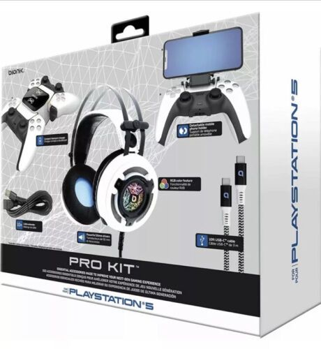 Photo 1 of Bionik Pro Kit For PlayStation 5: Powerful 50mm Gaming Headset with RGB Color, Controller Charge Base, Phone Holder, Lynx Cable & USB Cable.
Includes all of the critical accessories needed for your next-gen console. Including powerful over-ear headphones 