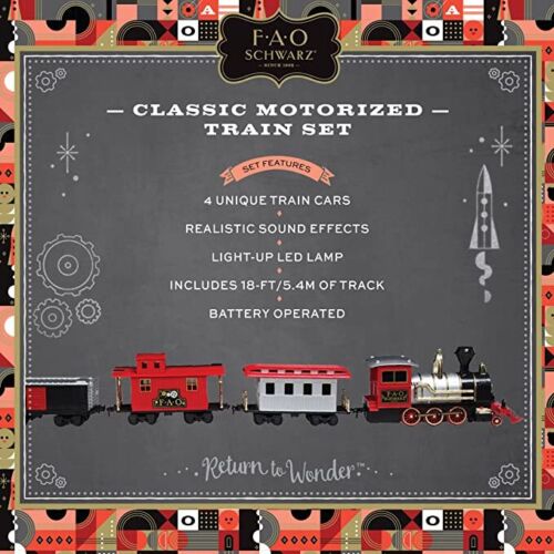Photo 5 of FAO Schwarz Classic Motorized Train Set, Complete Toy Set with Engine, Cargo, 18? of Modular Tracks, Red/ Black 30 Pieces. Designed to integrate into classic Christmas and holiday decorations, enjoy as the FAO SCHWARZ holiday train merrily makes its way a