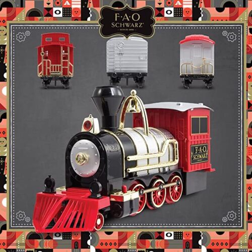 Photo 6 of FAO Schwarz Classic Motorized Train Set, Complete Toy Set with Engine, Cargo, 18? of Modular Tracks, Red/ Black 30 Pieces. Designed to integrate into classic Christmas and holiday decorations, enjoy as the FAO SCHWARZ holiday train merrily makes its way a