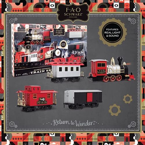 Photo 2 of FAO Schwarz Classic Motorized Train Set, Complete Toy Set with Engine, Cargo, 18? of Modular Tracks, Red/ Black 30 Pieces. Designed to integrate into classic Christmas and holiday decorations, enjoy as the FAO SCHWARZ holiday train merrily makes its way a