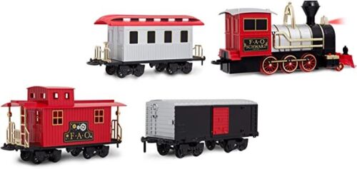 Photo 3 of FAO Schwarz Classic Motorized Train Set, Complete Toy Set with Engine, Cargo, 18? of Modular Tracks, Red/ Black 30 Pieces. Designed to integrate into classic Christmas and holiday decorations, enjoy as the FAO SCHWARZ holiday train merrily makes its way a