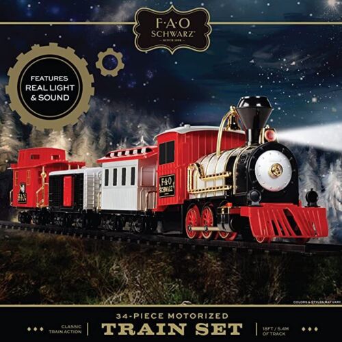 Photo 4 of FAO Schwarz Classic Motorized Train Set, Complete Toy Set with Engine, Cargo, 18? of Modular Tracks, Red/ Black 30 Pieces. Designed to integrate into classic Christmas and holiday decorations, enjoy as the FAO SCHWARZ holiday train merrily makes its way a