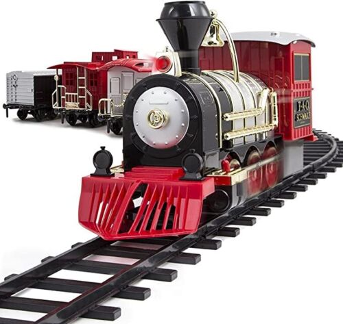 Photo 1 of FAO Schwarz Classic Motorized Train Set, Complete Toy Set with Engine, Cargo, 18? of Modular Tracks, Red/ Black 30 Pieces. Designed to integrate into classic Christmas and holiday decorations, enjoy as the FAO SCHWARZ holiday train merrily makes its way a