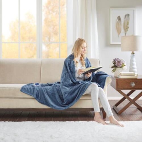 Photo 1 of Beautyrest Luxury Sapphire Blue Oversized Heated Plush Throw - 60x70" - 3 Heat Settings. Our heated throw utilizes state of the art Secure Comfort heated technology that adjusts the temperature of your throw based on overall temperature, spot temperatures