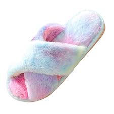 Photo 1 of SIZE M 7-8 Women Fuzzy Slippers Tie-dye Cross Band Soft Plush Fleece Slippers House Indoor or Outdoor Slippers

