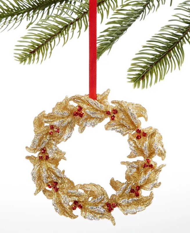 Photo 1 of HOLIDAY LANE Joy To The World Gold Leaf Wreath Ornament, Created for Macy's. Exult in the exquisite beauty of Holiday Lane's Joy to the World Gold Leaf Wreath ornament, embellished with faux crystal berries and glitter that reflect the lights on your tree