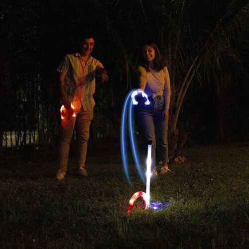 Photo 3 of YARDCANDY Illuminated Horseshoes. Anyone can play horseshoes, and now with the YardCandy Illuminated LED Horseshoes, you can play any time of day or night. These weighted, plastic horseshoes feature LEDs that light up at the touch of a button. The target 