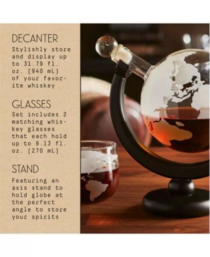Photo 2 of Studio Mercantile Whiskey Globe Decanter Set. Studio Mercantile whiskey decanter set steps up the style of any bottle. This earth-shaped decanter holds your favorite libations with a sophisticated look that seems more purposeful and planned on any shelf o