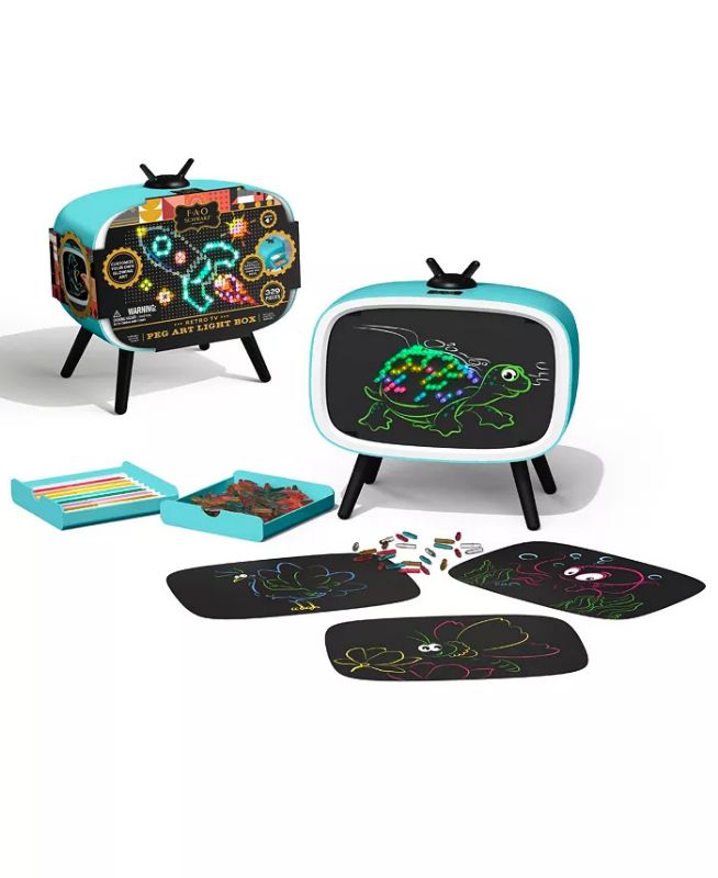 Photo 1 of FAO Schwarz Peg Light Bright Art Box Retro TV Style Glowing Night Light Toy. The Peg Art Light Box by FAO Schwarz is a fun art toy that lets your child’s creativity shine! Let your kid use a combination of metallic markers, light pegs, and graphic sheets 