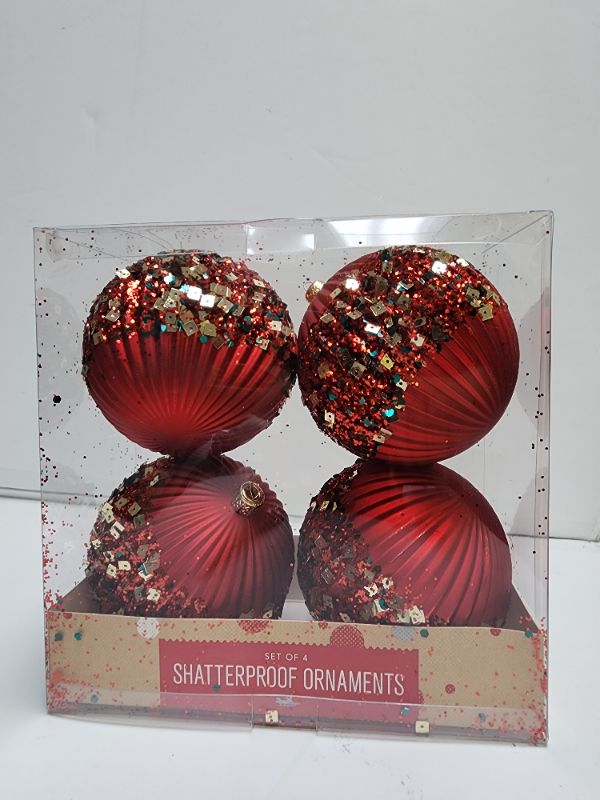 Photo 2 of Holiday Lane Christmas Cheer Set of 4 Shatterproof Decorated Red, Ball Ornaments. Festive decorate this assortment from Holiday Lane, a set of four shatterproof ornaments in classic colors. Approx. dimensions: 3.94" each