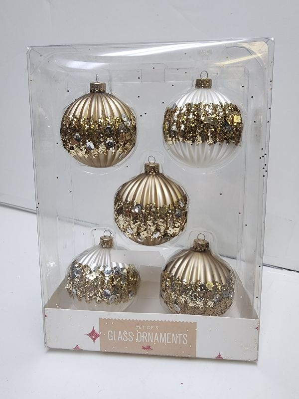 Photo 1 of Holiday Lane Shine Bright Set of 5 Gold-Tone & Silver-Tone Glass Ball Ornaments