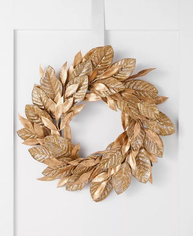 Photo 1 of HOLIDAY LANE Midnight Blue Gold Leaf Wreath, Created for Macy's. Magically round out your Christmas scene with gilt-tone splendor! Holiday Lane's fantastic Midnight Blue Gold Leaf Wreath brings together the beauty of a classic holiday icon with the luxe a