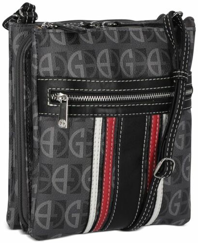 Photo 2 of Sporty stripes add bold contrast to signature logo detail on this multi-compartment crossbody from Giani Bernini.4-1/4"W x 3-1/2"H x 1/2"D (width is measured across the bottom of handbag); 12.5 oz. approx. weight. 26"L adjustable self fabric strap with bu