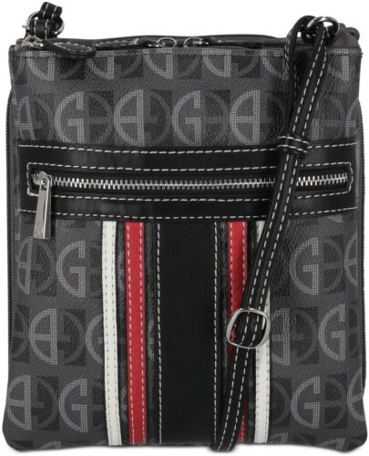 Photo 1 of Sporty stripes add bold contrast to signature logo detail on this multi-compartment crossbody from Giani Bernini.4-1/4"W x 3-1/2"H x 1/2"D (width is measured across the bottom of handbag); 12.5 oz. approx. weight. 26"L adjustable self fabric strap with bu