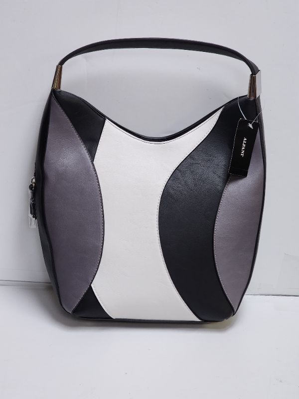 Photo 1 of ALFANI Bangle Large Tote Black Grey Vegan-leather Shoulder-bag Colorblock. A roomy style for all of the necessities. This sleek tote from Alfani features a minimalist design with polished hardware. Medium sized bag; 13"W x 10-1/2"H x 6"D (width is measure