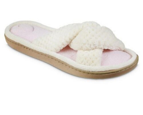 Photo 1 of Size M Isotoner Signature Women's Microterry Pink White Soft Slipper Slip Grip, 7.5-8 Memory Foam. Experience the perfect style and trusted comfort of this Isotoner classics! Our Signature Mircoterry X-Slide is updated with details and extra EVA cushion t