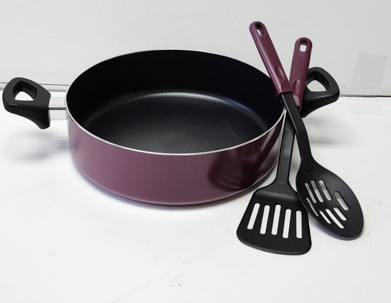 Photo 1 of BELLA 3 PIECE COOKING SET PURPLE
BPA FREE / NO HARMFUL CHEMICALS
THIS SET INCLUDES 11"/5QT JUMBO COOKER ( no lid) and 2 COOKING UTENSILS