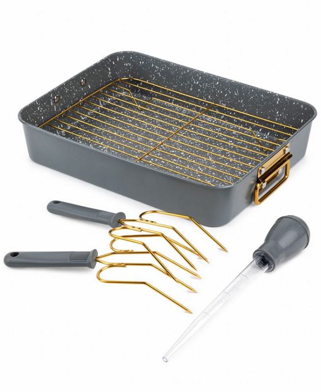 Photo 1 of BROOKLYN STEEL CO. 5 PIECE DURABLE NONSTICK ROASTING PAN SET WITH 2 LIFTERS AND RUBBER BASTER- CHARCOAL
Roaster 13.3"x10.2"x 2.6"