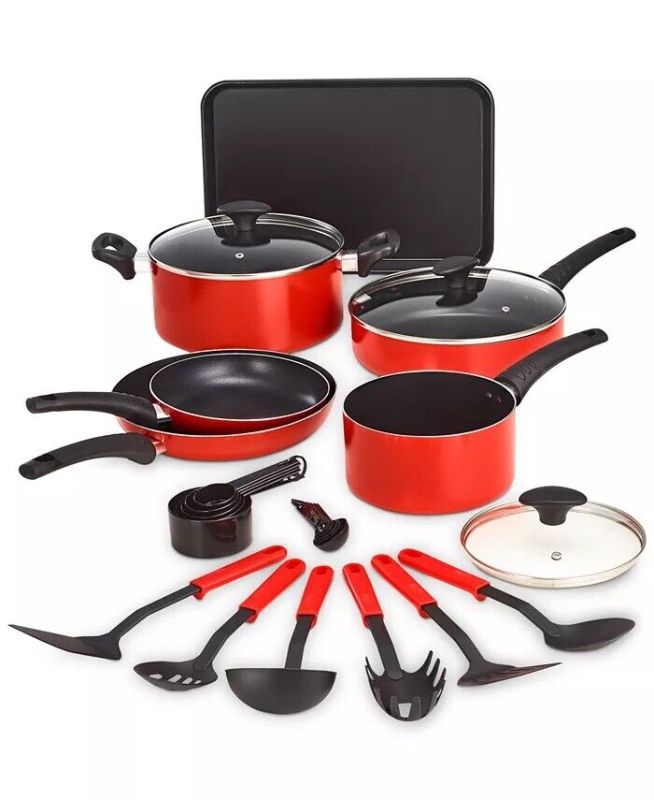 Photo 1 of BELLA 17 PIECE NONSTICK COOKWARE SET RED -  BPA FREE
THE SET INCLUDES 8" & 10" FRY PAN, 2.5 QT COVERED SAUCEPAN, 3 QT COVERED SAUCEPAN, 5 QT DUTCH OVEN, COOKIE SHEET, 6 COOKING UTENSILS, MEASURING CUP SET, MEASURING SPOON SET.