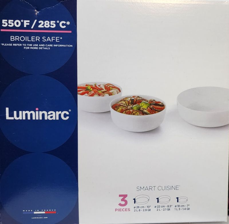 Photo 2 of LUMINARC SMART CUISINE 3-Pc. Round Bakeware Set. Made in France. 2.9-qt baking dish,2.1-qt baking dish,1.25-qt baking dish, 
Heat and chip resistant. Oven safe to 550°F; Broiler safe up to 10 minutes. Dishwasher, refrigerator and freezer safe